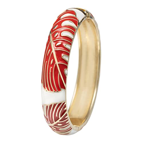 Hawaiian Monstera Luau Leaves Hinged Clasp Fashion Enamel Bangle Bracelet - color: Ruby Red