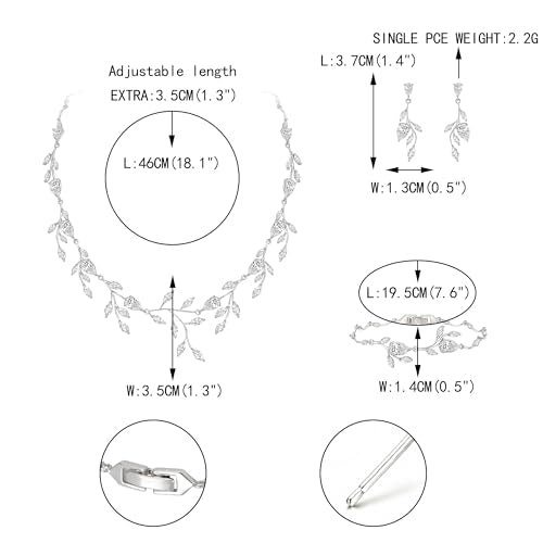 Cubic Zirconia Leaf Vine Wedding Jewelry Set for Bride Women Bridesmaid | Pear-Shaped Birthstone, Necklace Dangle Earrings for Bridesmaid, Silver-Plated-Brass - color: 3pcs_Clear Silver-Plated-Brass