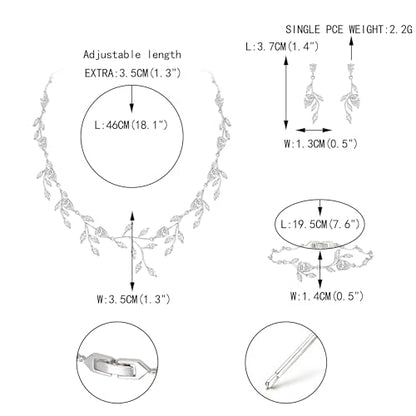 Cubic Zirconia Leaf Vine Wedding Jewelry Set for Bride Women Bridesmaid | Pear-Shaped Birthstone, Necklace Dangle Earrings for Bridesmaid, Silver-Plated-Brass - color: 3pcs_Clear Silver-Plated-Brass