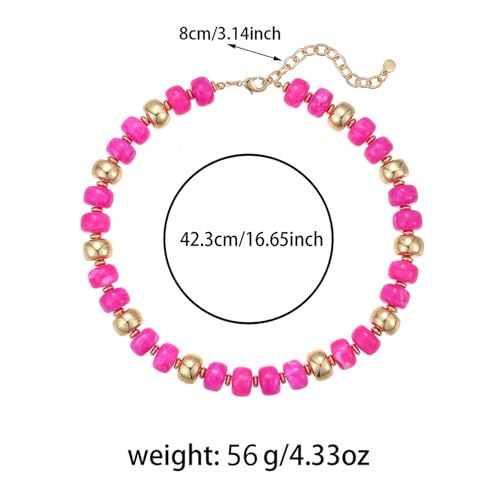 Resin Chunky Colorful Beaded Necklace | Adjustable Boho Statement Necklace,Summer Beach Party Jewelry - color: Hot Pink