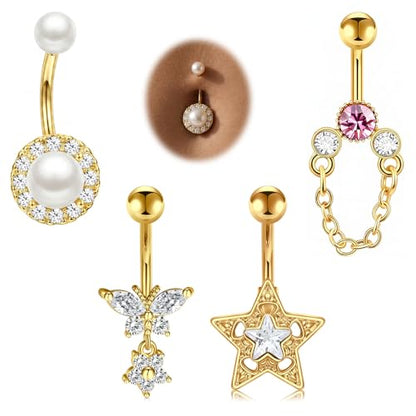 Belly Button Rings Stainless Steel 14G CZ Opal Navel Rings Barbells Women Girls Belly Piercing Jewelry - color: Gold Color-Style A: 4PCS
