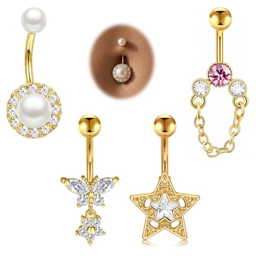 Belly Button Rings Stainless Steel 14G CZ Opal Navel Rings Barbells Women Girls Belly Piercing Jewelry - color: Gold Color-Style A: 4PCS