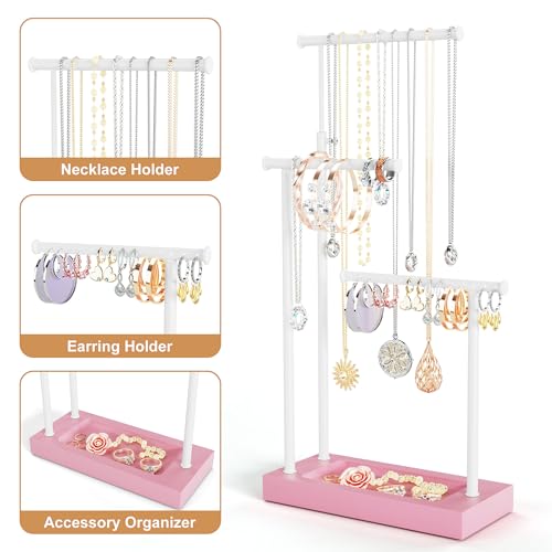 SRIWATANA Pink & White Extra Tall Necklace Holder, Jewelry Display Stand | Sturdy Tall Jewelry Organizer; Chic necklace organizer to Display Long Necklaces, Pendants, Chains Without Tangling - color: Pink & White