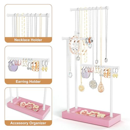 SRIWATANA Pink & White Extra Tall Necklace Holder, Jewelry Display Stand | Sturdy Tall Jewelry Organizer; Chic necklace organizer to Display Long Necklaces, Pendants, Chains Without Tangling - color: Pink & White