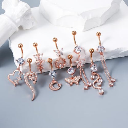 Vsnnsns 14G Dangle Belly Button Ring Piercing Jewelry 316L Stainless Surgical Steel Snake Heart Butterfly Flower Diamond CZ Navel Rings Dangling Belly Button Ring Piercing Jewelry for Women 14 Gauge - color: Rose Gold Tone