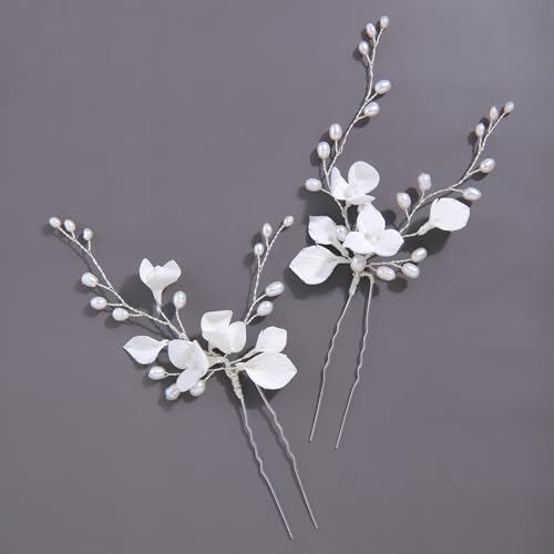 Handmade White 3D Pinch Flower Bridal Hair Pins Freshwater Pearls Wedding Bridal Hair Accessories for Bridesmaids Women and Girls