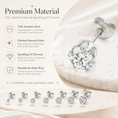 316L Stainless Steel Stud Set for Women Men, 20G Hypoallergenic Cartilage Jewelry with 2mm–8mm CZ Zirconia, Silver & Gold for Sensitive Ear Piercing - color: White Gold-7 Pairs Set