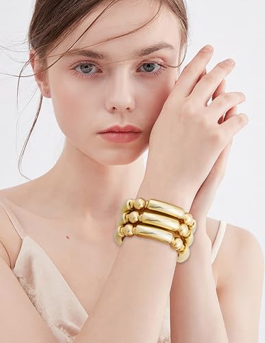 LALAPPLE Gold Plated Beaded Acrylic Bamboo Tube Bangle Bracelets for Women, Colorful Chunky Curved Tube With Gold Plated Pieces Beads Stretch Bracelet Friendship Summer Beach Jewelry - color: Y-gold 3pcs