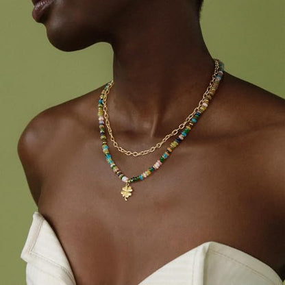 KissYan Beaded Necklaces for Women, Layered Pendant Choker for Summer | Stackable Colorful Natural Gemstone Handmade Beach Charm Chain Valentine's Jewelry Gifts For Girlfriend Wife Lover - style: Clover