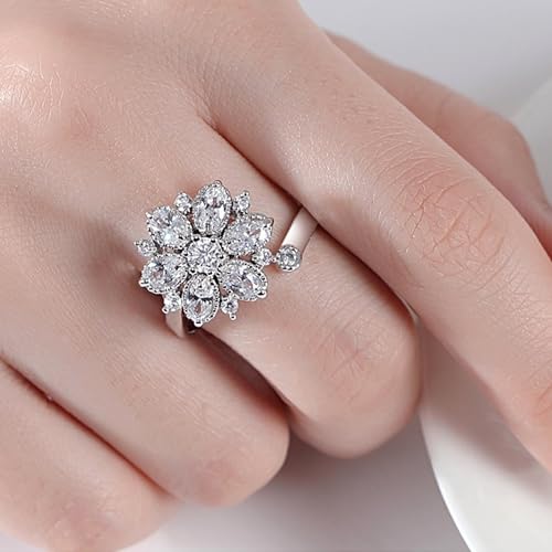 18K Gold Plated Rings for Women and Teen Girls Non Tarnish Cubic Zirconia Fidget Ring Butterfly/Snake/Mesh/Cross/Crown Knuckle Ring Open Adjustable Statement Stacking Chunky Rings - color: Silver Flower