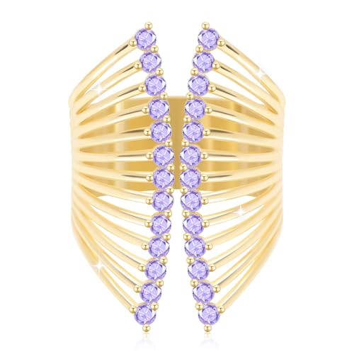 Rhinestone Butterfly Rings for Women, Cubic Zirconia Fake Diamond Adjustable Thumb Ring, Chunky Vintage Gemstone Rings, Available in Gold Plated and Silver Plated - color: Gold, Lavender Purple