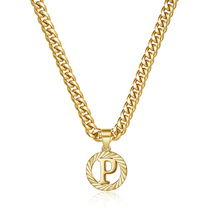 KissYan Initial Pendant Necklaces for Women Men | 14K Gold Filled/White Gold Plated, Hollow Round Letter Capital Monogram Charm with 5mm Cuban Chain, Alphabets from A-Z - color: Gold, style: P