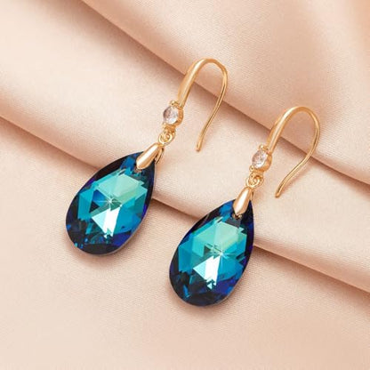Austrian Crystal Teardrop Dangle Drop Earrings for Women 14K Gold Plated Hook Earring Hypoallergenic Jewelry Gifts for Women Girls - color: Bermuda Blue