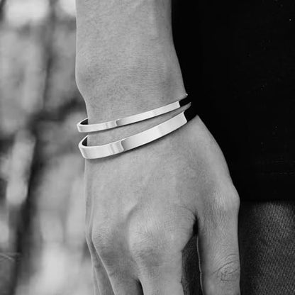 Stainless Steel Mens Cuff Bracelet : Minimal Cool Silver/Black/Gold Plated Open Metal Cuff Bangle Bracelets for Men,Mens Bracelet Jewelry Gift - color: Silver-2-Pack, size: Large( fit 7" to 8.5" wrist)