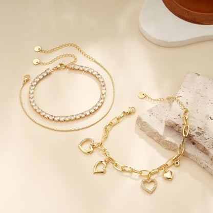3PCS Charm Gold Bracelets for Women Non Tarnish,14k Plated Gold Bracelet Stack Cute Dainty Stackable Trendy Bow Cross Clover Bracelets Set Tarnish Free Gold Jewelry for Women Gifts - color: Heart-Gold