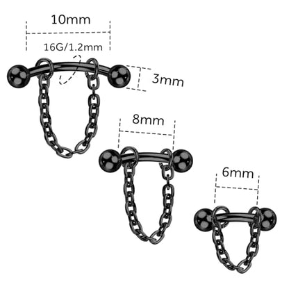 3 Pcs 316L Stainless Steel 16G Tragus Helix Rook Piercing Jewelry with Chain, Cartilage Earrings for Women, Belly Button Ring Vertical Labret Lip Piercing Jewelry - color: Black, size: Ball