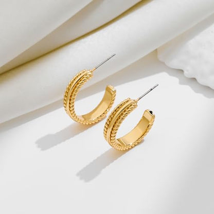 Gold Plated Chunky Hoop Earrings for Women - Stylish Statement Twisted Rope C Shaped Hoop Earrings Fashion Jewelry Gift - color: gold tone