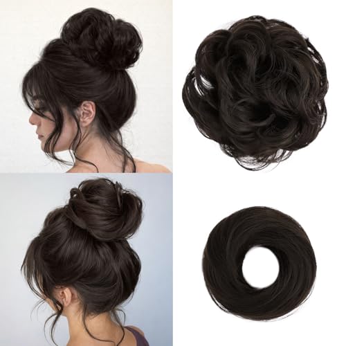 2PCS Messy Bun Hair Pieces Synthetic Hairpieces For Women Brown | Messy Bun and Donut Bun in one set for natural-looking volume and elegant updos for every occasion. - color: Brown