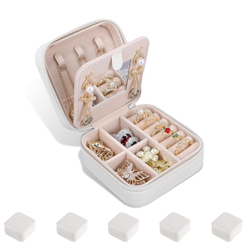 Travel Jewelry Case and Organizer with Mirror,Portable Mini Storage Box for Rings, Earrings, Necklaces, Gift for Mother Mom, Girl, Daughter, Sisters, Bridesmaids (White-5pcs) - color: White-5pcs