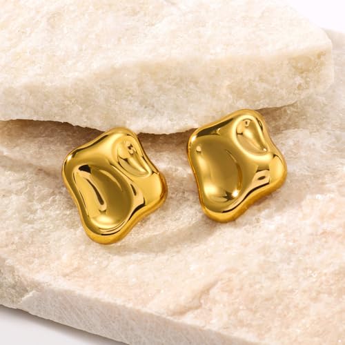 Chunky 14k Gold Plated Stud Earrings for Women Hypoallergenic Statement Earrings, Dainty Geometric Thick Studs Lightweight Earrings Fashion Jewelry Gifts
