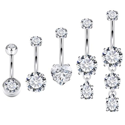 Vsnnsns 14G Dangle Belly Button Ring Piercing Jewelry 316L Stainless Surgical Steel Round Heart Cubic Zirconia Navel Rings Dangling Belly Button Ring Piercing Jewelry for Women 14 Gauge Hypoallergenic - color: Silver-10MM Bar-Clear CZ
