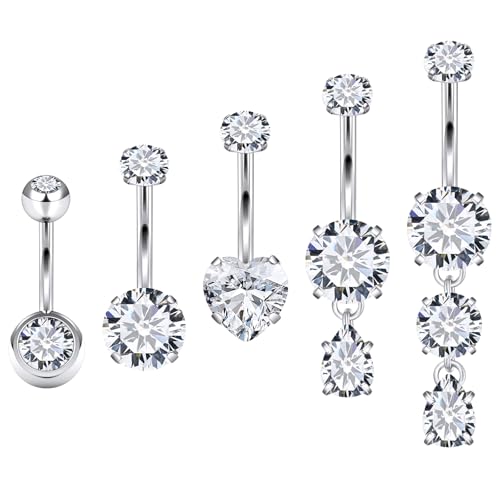 Vsnnsns 14G Dangle Belly Button Ring Piercing Jewelry 316L Stainless Surgical Steel Round Heart Cubic Zirconia Navel Rings Dangling Belly Button Ring Piercing Jewelry for Women 14 Gauge Hypoallergenic - color: Silver-12MM Bar-Clear CZ