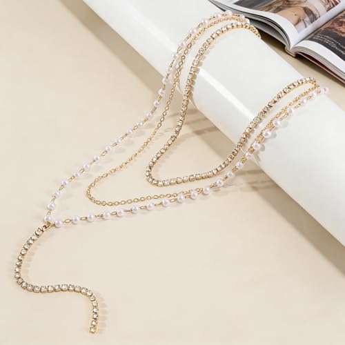 Necklace for Women, Dainty Long 14K Gold Y-Shaped Necklace Jewelry Trendy Beaded Layered Chain Drop Necklaces Jewelry Women Gifts - style: Multi-layered Pearl