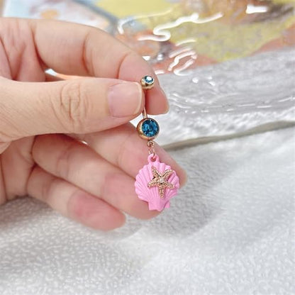 14G Pink Seashell Dangle Belly Button Ring, Blue Cubic Zirconia Crystal Starfish Belly Rings Stainless Steel Navel Barbell Piercing Jewelry for Women