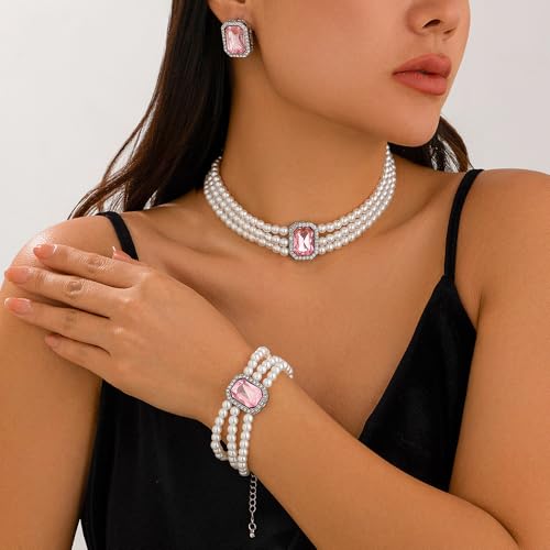 Wekicic Faux Pearl Necklace Earrings Set for Women Crystal Pearl Choker Necklace Bracelet Set 1920s Jewelry for Wedding Party - color: Pink