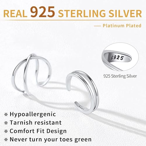 ChicSilver Toe Rings for Women 925 Sterling Silver Adjustable Toe Ring | 925 sterling silver, hypoallergenic for sensitive skin, adjustable open band, summer beach wear gift - color: K: Simple Rings Set (2 PCS)