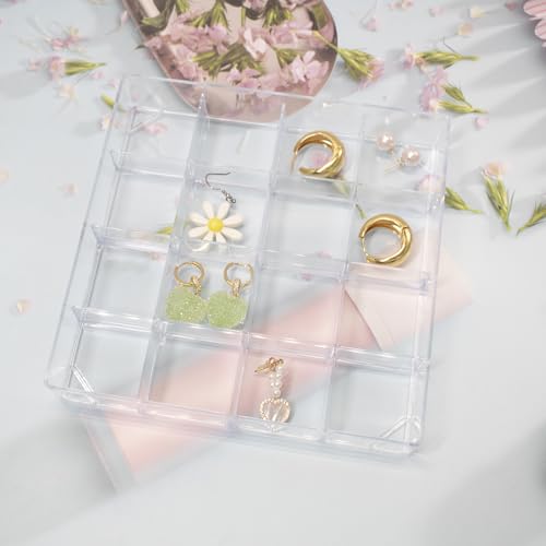4 PCS Stackable Jewelry Organizer Tray, Clear Square Plastic Storage Box | with 16 Mini Grid (1.57''), Suitable for Drawer Dresser Vanity Desk Use, Necklaces Bracelets Rings Earrings Storage