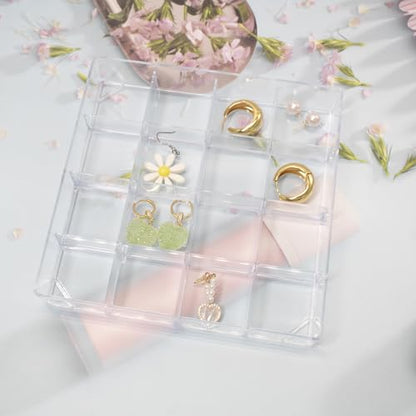 4 PCS Stackable Jewelry Organizer Tray, Clear Square Plastic Storage Box | with 16 Mini Grid (1.57''), Suitable for Drawer Dresser Vanity Desk Use, Necklaces Bracelets Rings Earrings Storage