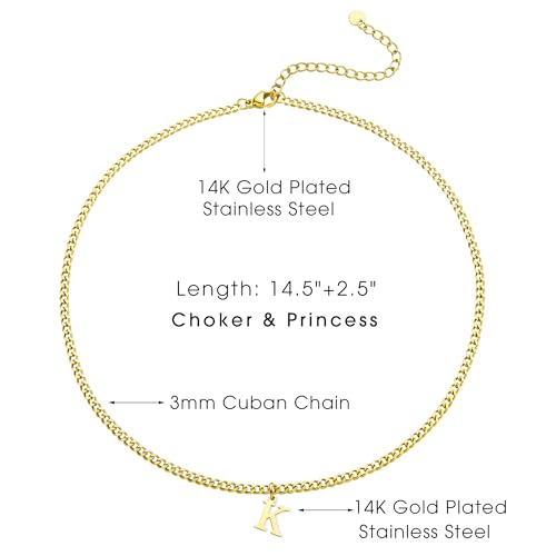 Gold Initial Necklace for Women, 3mm Cuban Link Letter Necklace, 14.5"+2.5" Adjustable Choker, Gold Plated A-Z Alphabet Pendant Necklace, Personalized Jewelry Gift for Her - style: K