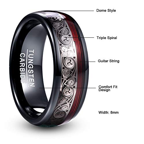 Vakki 8mm Black Tungsten Ring for Men with Celtic Spiral and Red Guitar String Inlaid Wedding Band Comfort Fit Size 7-12.5