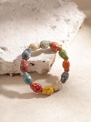 Boho Hippie Colorful Ceramic Beads Strand Stretch Bracelet, Bohemian Summer Beach Jewelry Gift for Women - color: S07