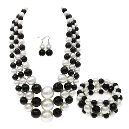 We We Imitation Pearl Necklace for Women Large Chunky Pearl Necklaces Multilayer Pearl Necklace and Earring 1920s Costume Jewelry set - color: Black white pearl necklace set