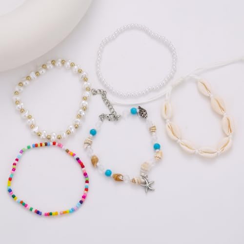 Beaded Anklet Bracelets For Women Waterproof Gold Anklets Jewelry Set Stack | non tarnish free pearl puka seashell beach boho stretchy anklet for summer dainty and tewiky gold plated - color: Colorful Beads