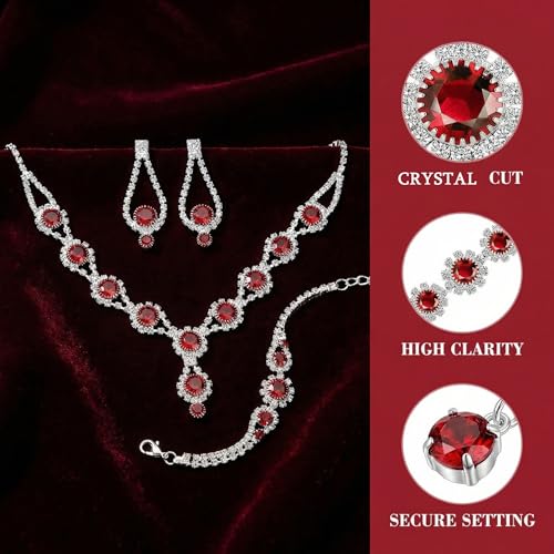 Silver Plated Necklace Earrings Bracelet Crystal Bridal Wedding Jewelry Sets for Wedding princess birthday party Halloween Prom Pageant Jewelry - color: 2-red