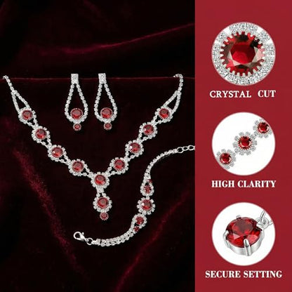 Silver Plated Necklace Earrings Bracelet Crystal Bridal Wedding Jewelry Sets for Wedding princess birthday party Halloween Prom Pageant Jewelry - color: 2-red