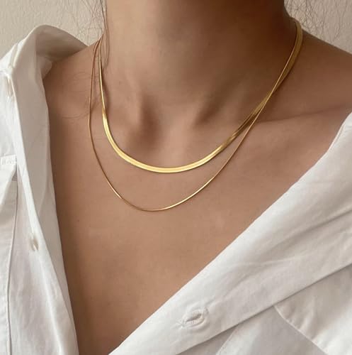 Tewiky Layered Necklaces for Women 14k Gold Plated Chain Necklace Set | Chunky Herringbone/Snake/Rope/Box/Cuban Link Chain for Women, Layering Stack Choker Necklace, Dainty Jewelry Set Non Tarnish - color: Layered Herringbone Gold