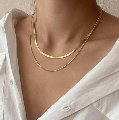 Tewiky Layered Necklaces for Women 14k Gold Plated Chain Necklace Set | Chunky Herringbone/Snake/Rope/Box/Cuban Link Chain for Women, Layering Stack Choker Necklace, Dainty Jewelry Set Non Tarnish - color: Layered Herringbone Gold