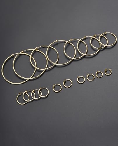 9 Pairs Clip on Hoop Earrings for Women Non Pierced Hoop Earrings Fake Spring Hoop Earrings Silver Gold Tone 9 Sizes - color: B: Gold Tone