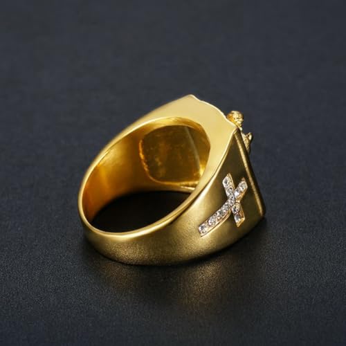 Christian Couple Signet Rings Set: Square Jesus (Men) & Oval Virgin Mary (Women), Stainless Steel Gold Plated with Side CZ Cross, Rhinestone Religious Rings - color: Jesus