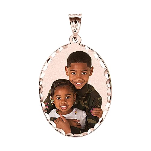 Oval w/Diamond Cut Edge Custom Photo Engraved Pendant - in Solid 14K, 10k, Yellow, White, Or Sterling Silver - color: 14K Rose Gold + Photo, size: 2/3 x 3/4 Inch