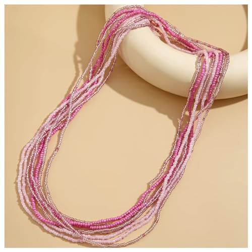 8Pcs Colorful Beads Waist Chain Sets Summer Beach Multi-layered Beaded Belly Chain Sexy Bikini Elastic Adjustable Waist Body Chain Beads Body Accessories Jewelry for Women - style: Pink