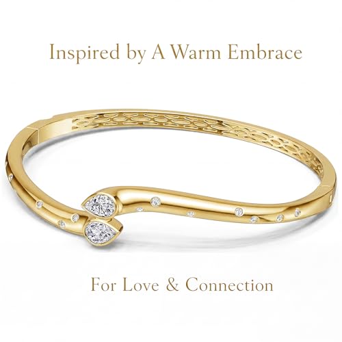 AuraLyric Gold Bracelets for Women, 14K Gold Plated Nail/Love/Emerald Green/Teardrop/Round White CZ Bangle Bracelets, Stackable Gold Bangles Non Tarnish, Gifts for Wife Mom Daughter 6.5 Inch - color: White CZ - Pear