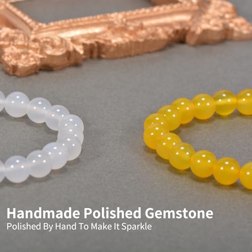 2PCS Agate Bracelet for Women Men Natural Round Beaded Agates Stone Healing Stretch Bracelets Elastic Handmade Polished Gemstone Beads Bracelet - color: White+Yellow, size: 8mm Beads