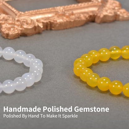 2PCS Agate Bracelet for Women Men Natural Round Beaded Agates Stone Healing Stretch Bracelets Elastic Handmade Polished Gemstone Beads Bracelet - color: White+Yellow, size: 8mm Beads