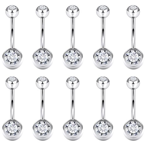 14G Belly Button Ring Piercing Surgical Steel Externally Threaded CZ Short Long Navel Rings 6MM 8MM 10MM 12MM 14MM 16MM Length Hypoallergenic Belly Piercing Jewelry for Women Silver Gold - color: Silver, size: 14MM Length