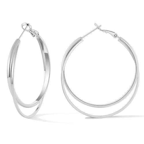 Gacimy Criss Cross Hoop Earrings for Women, 14K Gold Plated Hoops | Hypoallergenic 3mm Wide Double Layer Crossover Hoop Earrings with Lightweight Statement Design, Fashion Gift for Women - color: Silver, size: 40mm